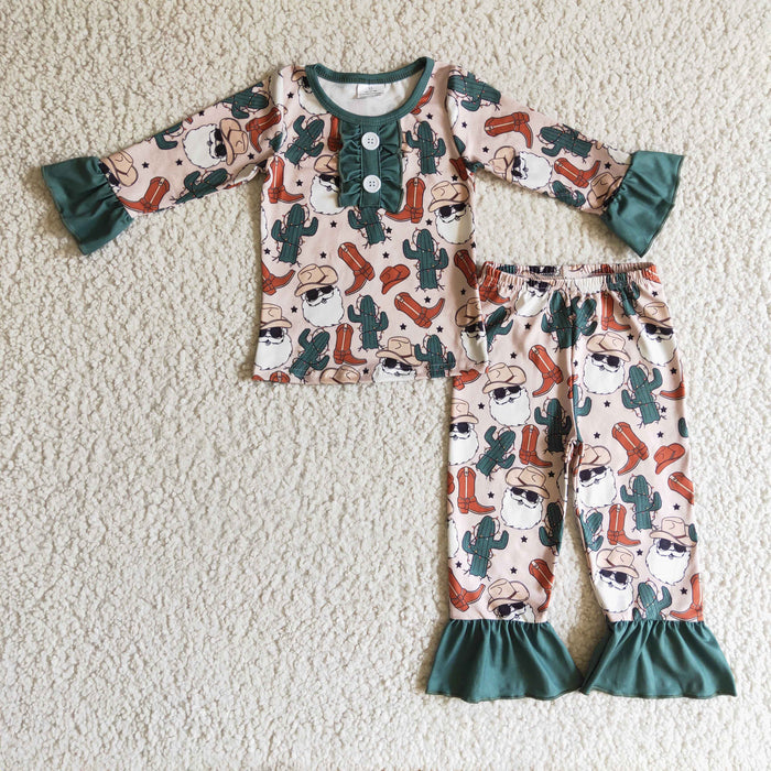 GLP0291 Santa Cowboy Cactus Print Girls Christmas Pajamas Clothes Set