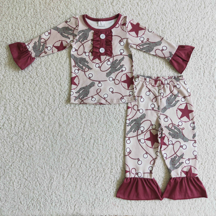 GLP0292 Cactus Stars Print Girls Christmas Pajamas Clothes Set