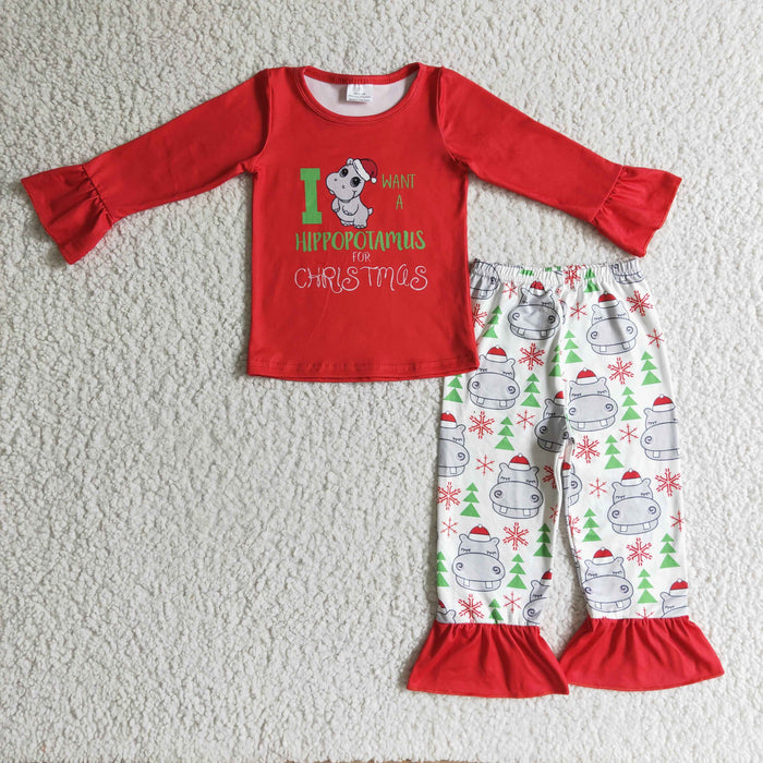GLP0302 Hippopotamus Red Top Ruffle Pants Girls Christmas Clothes Set