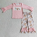 GLP0306 Milk Cartoon Mouse Cookies Holly Pink Top Bell Pants Girls Christmas Clothes Set