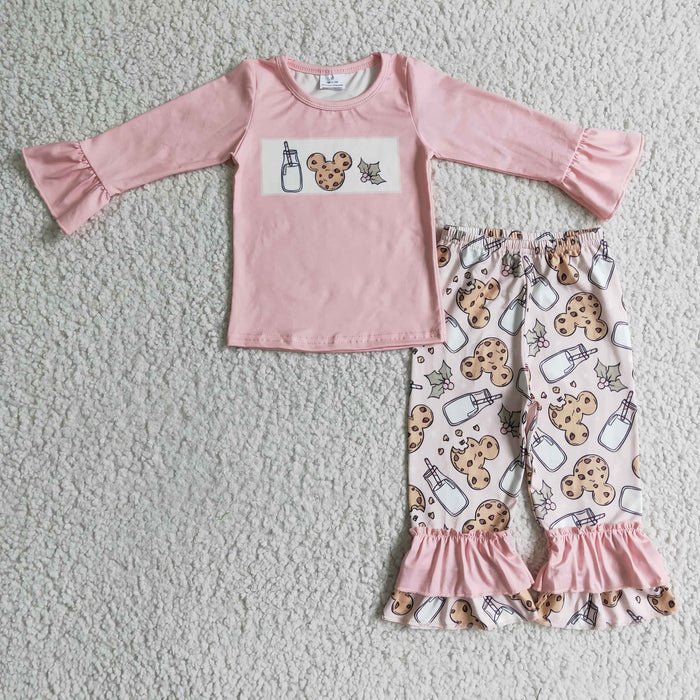 GLP0306 Milk Cartoon Mouse Cookies Holly Pink Top Bell Pants Girls Christmas Clothes Set