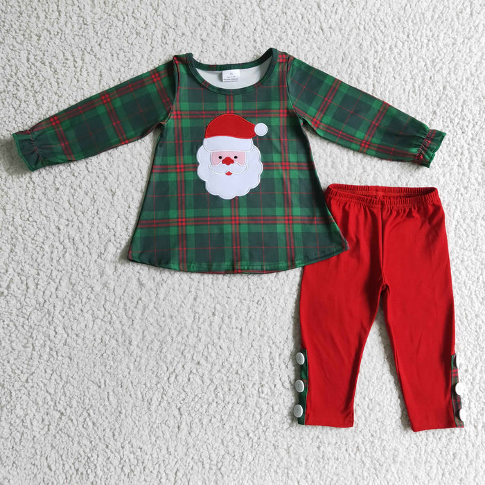 GLP0308 Santa Embroidery Checkered Top Red Pants Girls Christmas Clothes Set