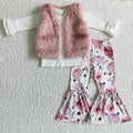 GLP0309 White Top Fur Vest Pumpkin Bell Pants Girls Fall 3 Pieces Clothes Set