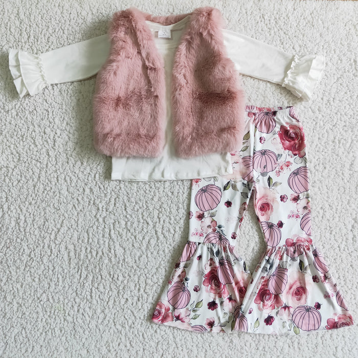 GLP0309 White Top Fur Vest Pumpkin Bell Pants Girls Fall 3 Pieces Clothes Set