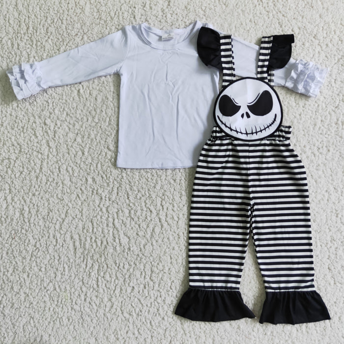 GLP0310 White Top Nightmar* Embroidery Stripes Print Overall Girls Halloween Clothes Set