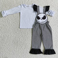 GLP0310 White Top Nightmar* Embroidery Stripes Print Overall Girls Halloween Clothes Set