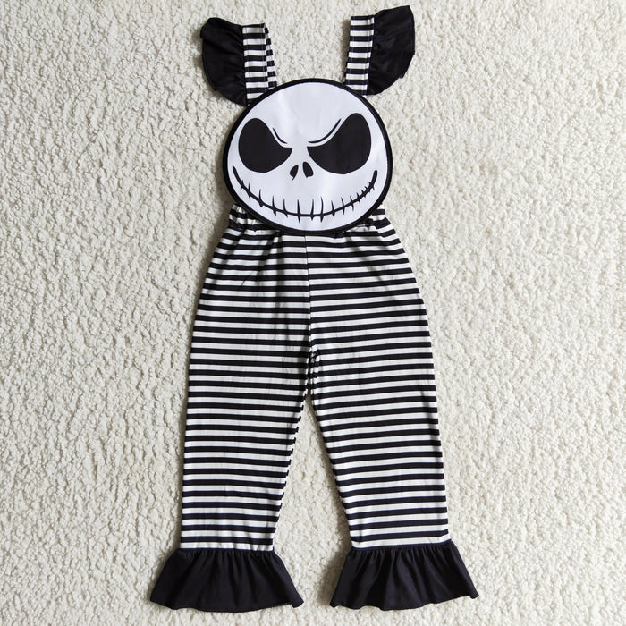 GLP0310 White Top Nightmar* Embroidery Stripes Print Overall Girls Halloween Clothes Set