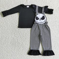 GLP0311 Black Top Nightmar* Embroidery Stripes Print Overall Girls Halloween Clothes Set