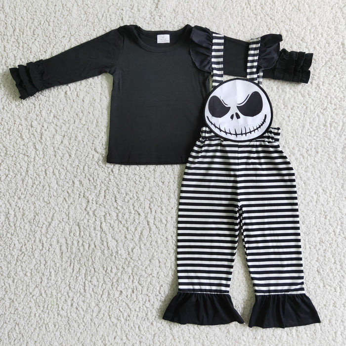 GLP0311 Black Top Nightmar* Embroidery Stripes Print Overall Girls Halloween Clothes Set