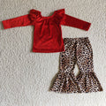 GLP0312 Red Velvet Top Leopard Bell Pants Girls Christmas Clothes Set