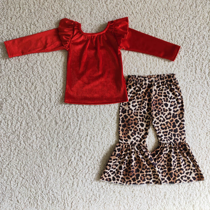 GLP0312 Red Velvet Top Leopard Bell Pants Girls Christmas Clothes Set