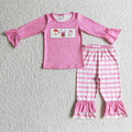 GLP0315 Santa Deer Snowman Pink Top Stripes Pants Girls Christmas Clothes Set