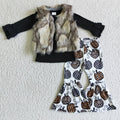 GLP0317 Black Top Fur Vest Pumpkin Bell Pants Girls Fall 3 Pieces Clothes Set