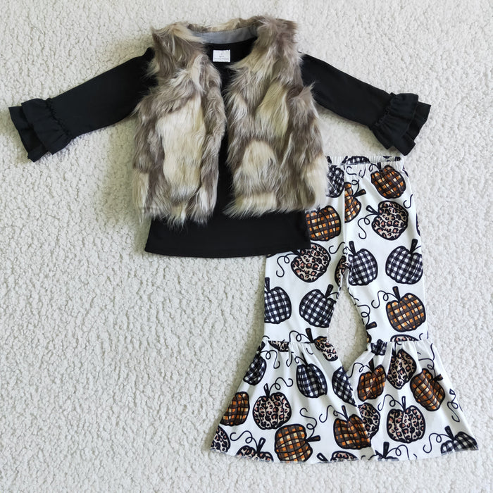 GLP0317 Black Top Fur Vest Pumpkin Bell Pants Girls Fall 3 Pieces Clothes Set