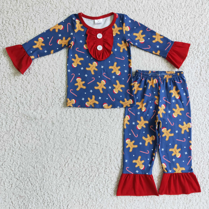 GLP0331 Gingerbread Candy Cane Print Girls Christmas Pajamas Clothes Set