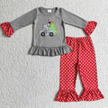 GLP0332 Truck Santa Tree Embroidery Grey Top Dots Pants Girls Christmas Clothes Set