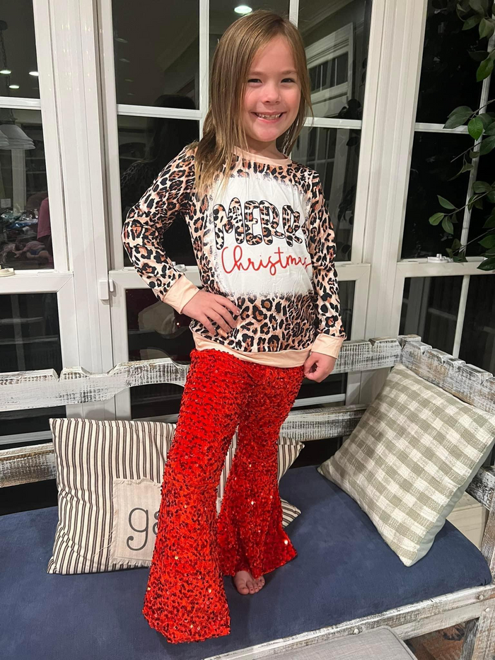 GLP0334 Merry Christmas Leopard Top Red Sequin Bell Pants Girls Christmas Clothes Set