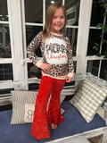 GLP0334 Merry Christmas Leopard Top Red Sequin Bell Pants Girls Christmas Clothes Set
