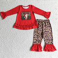 GLP0343 Highland Cow Red Top Leopard Ruffle Pants Girls Christmas Clothes Set
