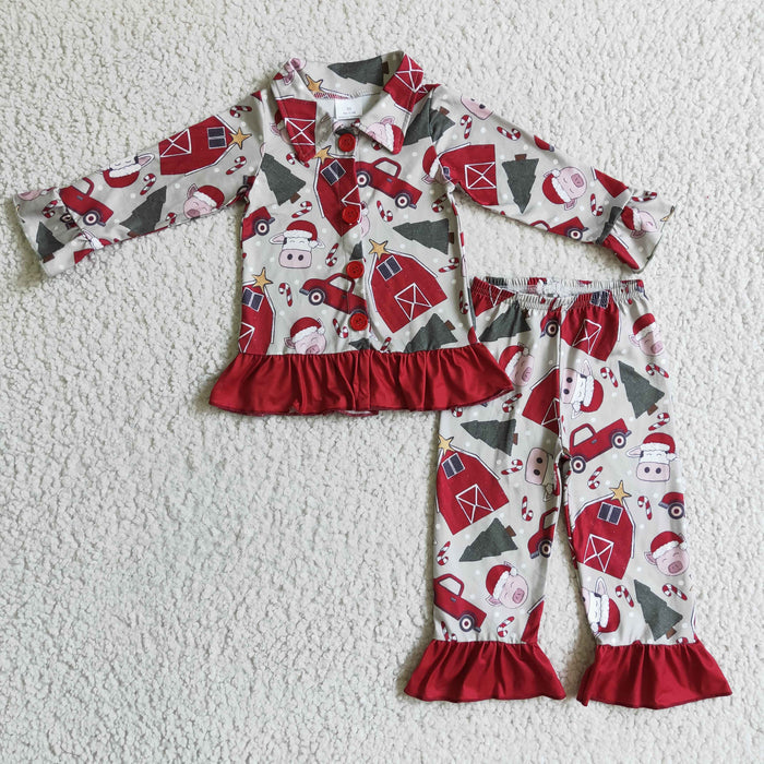 GLP0349 Cow Pig Tree Farm Print Girls Christmas Buttons Pajamas Clothes Set