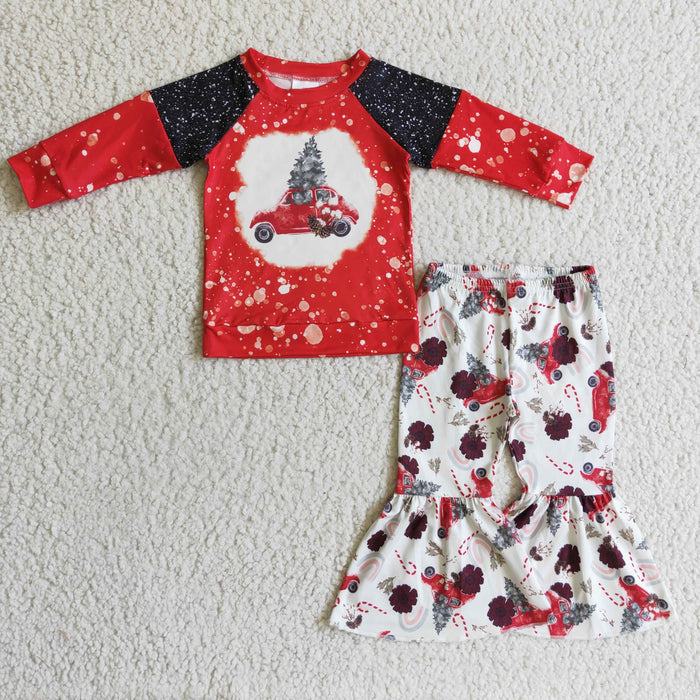 GLP0355 Trucks Tree Red Raglan Sleeve Top Bell Pants Girls Christmas Clothes Set