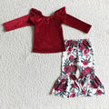 GLP0361 Red Velvet Top Flowers Bell Pants Girls Christmas Clothes Set