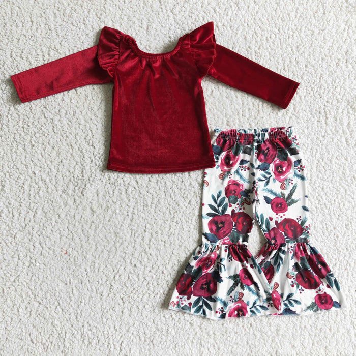 GLP0361 Red Velvet Top Flowers Bell Pants Girls Christmas Clothes Set