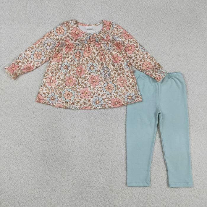 GLP1195 Kids Girls Spring Floral Long Sleeve Tunic Top with Cotton Leggings Outfit