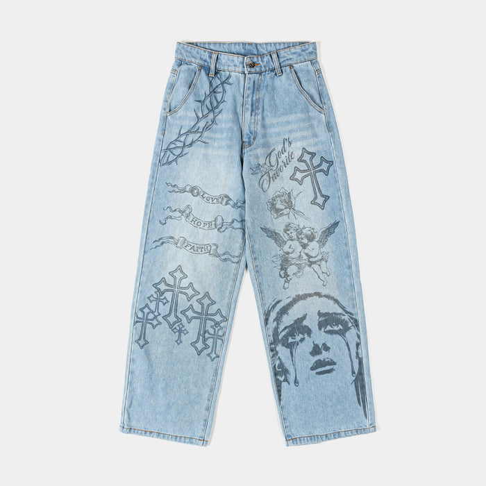 God's Favorite Denim Washed Womens Pants (Washed Blue)