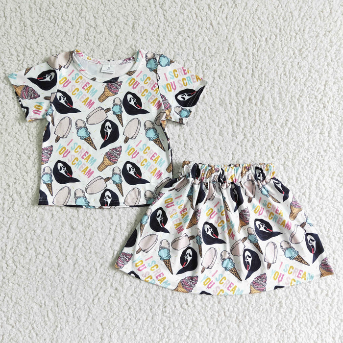GSD0100 Ghost Popsicle Print Girls Halloween Skirts Clothes Set