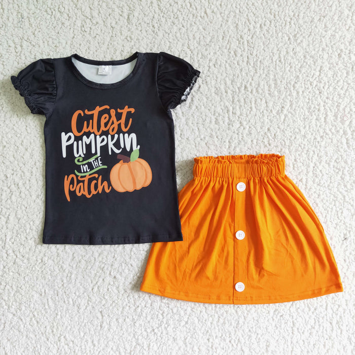 GSD0106 Pumpkin Patch Black Top Orange Skirts Girls Fall Clothes Set