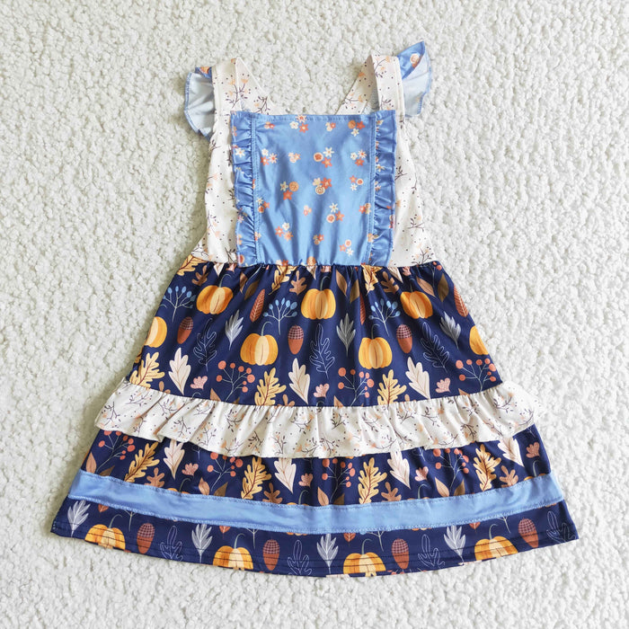 GSD0123 Pumpkin Flowers Print Girls Fall Strap Dress
