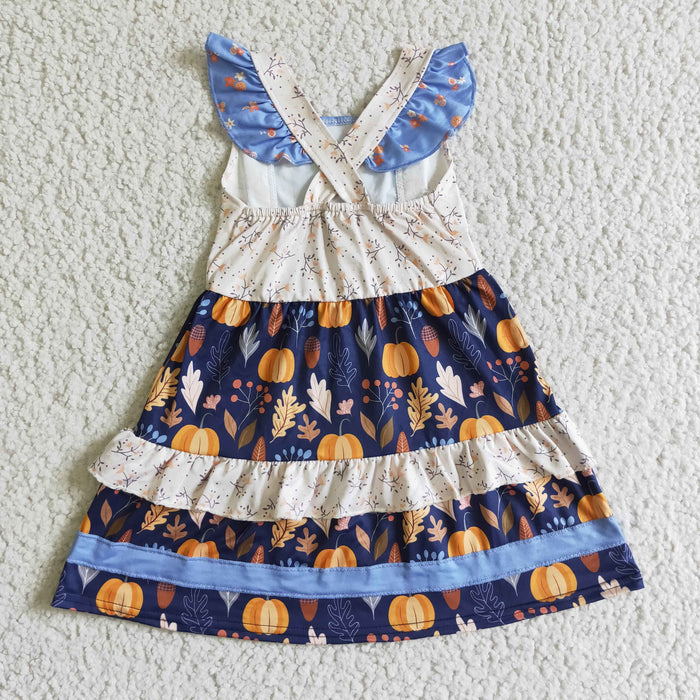 GSD0123 Pumpkin Flowers Print Girls Fall Strap Dress