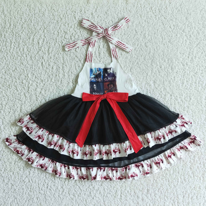 GSD0136 Cartoon Film Characters Print Girls Halloween Halter Ruffle Tulle Dress