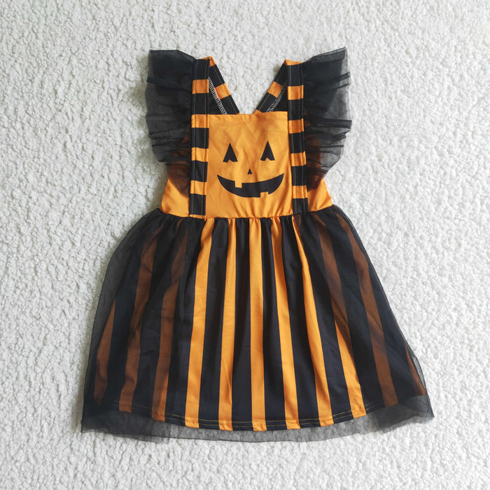 GSD0138 Pumpkin Smiling Stripes Print Girls Halloween Knee Length Tulle Dress