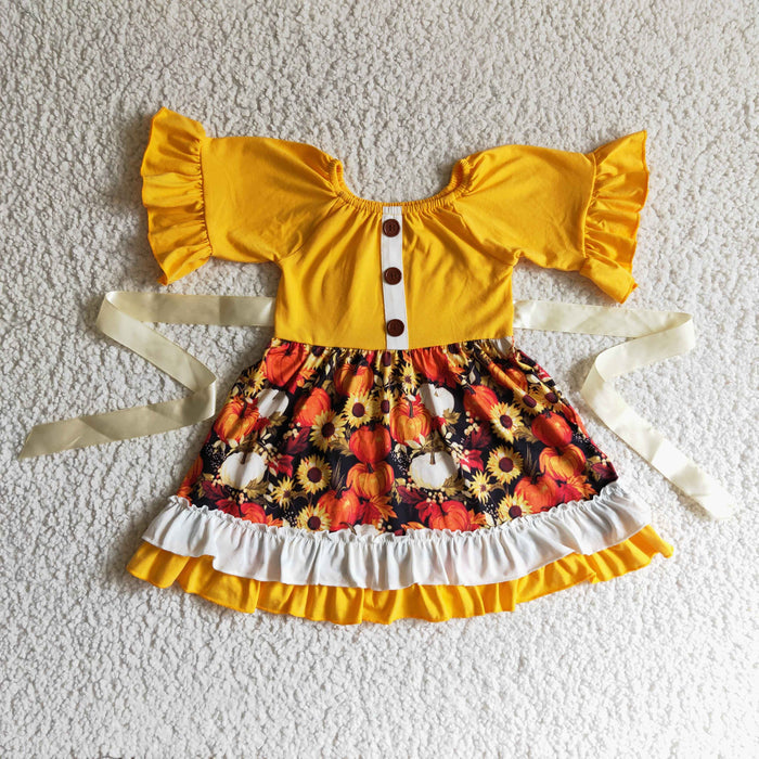 GSD0144 Pumpkin Sunflowers Print Girls Fall Belt Ruffle Dress
