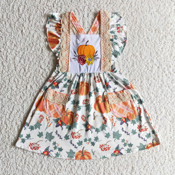 GSD0146 Pumpkin Embroidery Flowers Print Pockets Strap Girls Fall Dress