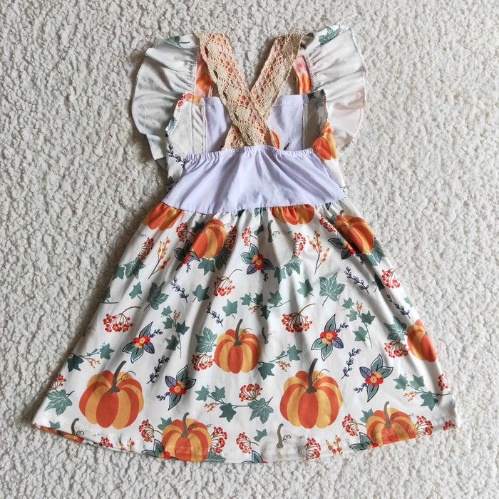 GSD0146 Pumpkin Embroidery Flowers Print Pockets Strap Girls Fall Dress