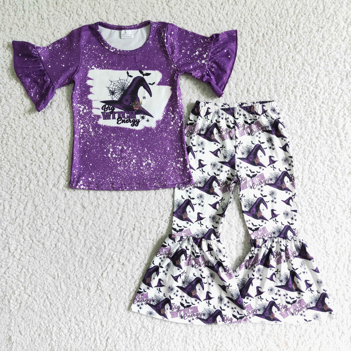 GSPO0094 Witch Coming Purple Top Bell Pants Girls Halloween Clothes Set