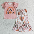 GSPO0098 Pumpkin Rainbow Pink Top Bell Pants Girls Halloween Clothes Set