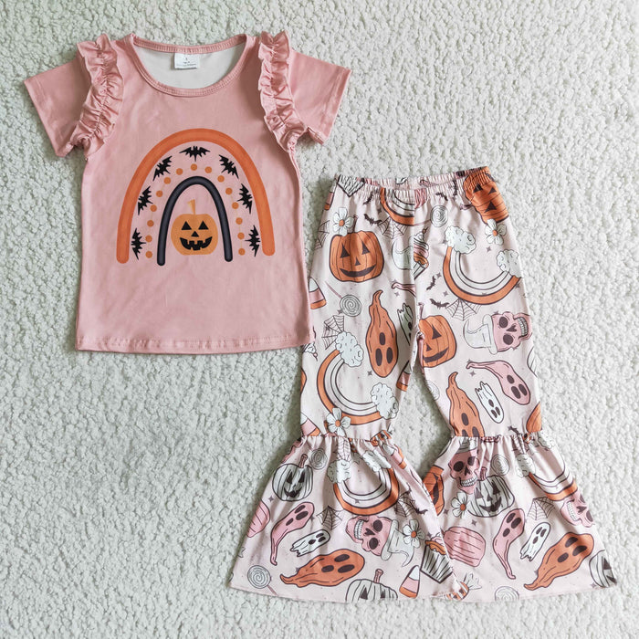 GSPO0098 Pumpkin Rainbow Pink Top Bell Pants Girls Halloween Clothes Set