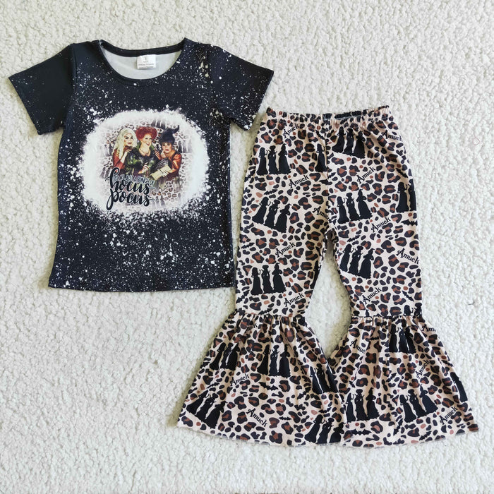 GSPO0101 Witch Black Top Leopard Bell Pants Girls Halloween Clothes Set
