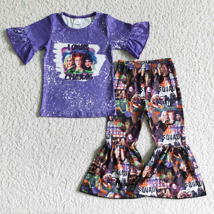GSPO0105 Witch Purple Top Bell Pants Girls Halloween Clothes Set