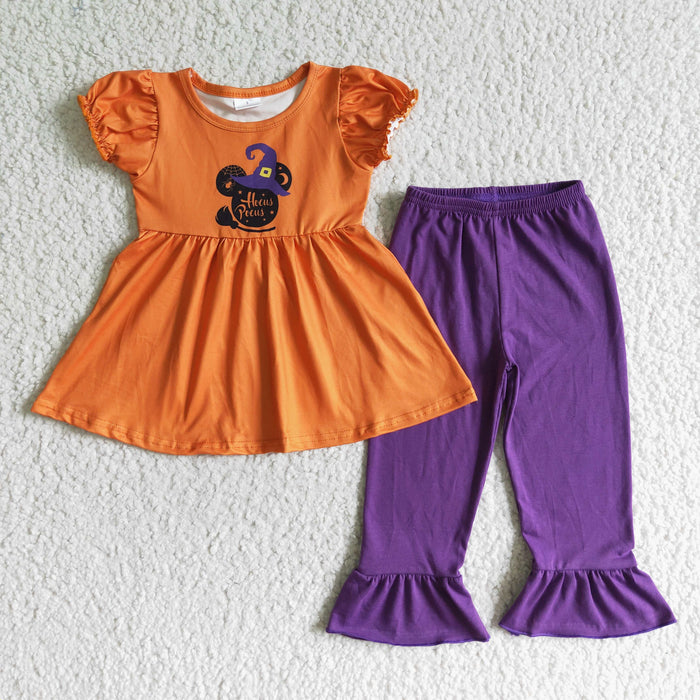 GSPO0117 Cartoon Mouse Witch Orange Tunic Top Purple Pants Girls Halloween Clothes Set