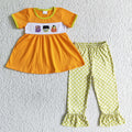 GSPO0119 BOO Pumpkin Embroidery Orange Tunic Top Dots Pants Girls Halloween Clothes Set