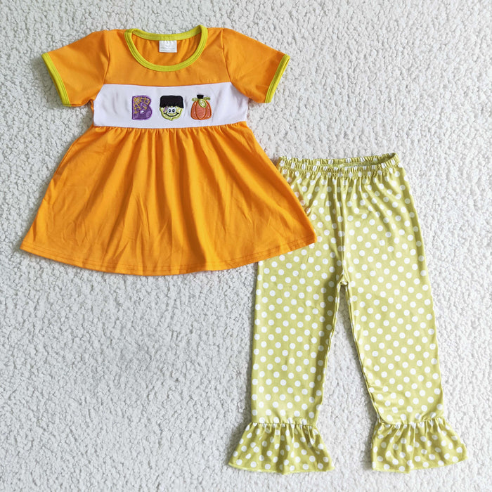 GSPO0119 BOO Pumpkin Embroidery Orange Tunic Top Dots Pants Girls Halloween Clothes Set