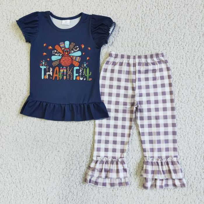 GSPO0120 Turkey Thankful Top Plaid Pants Girls Thanksgiving Clothes Set