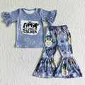 GSPO0121 Witch Ruffle Top Bell Pants Girls Halloween Clothes Set