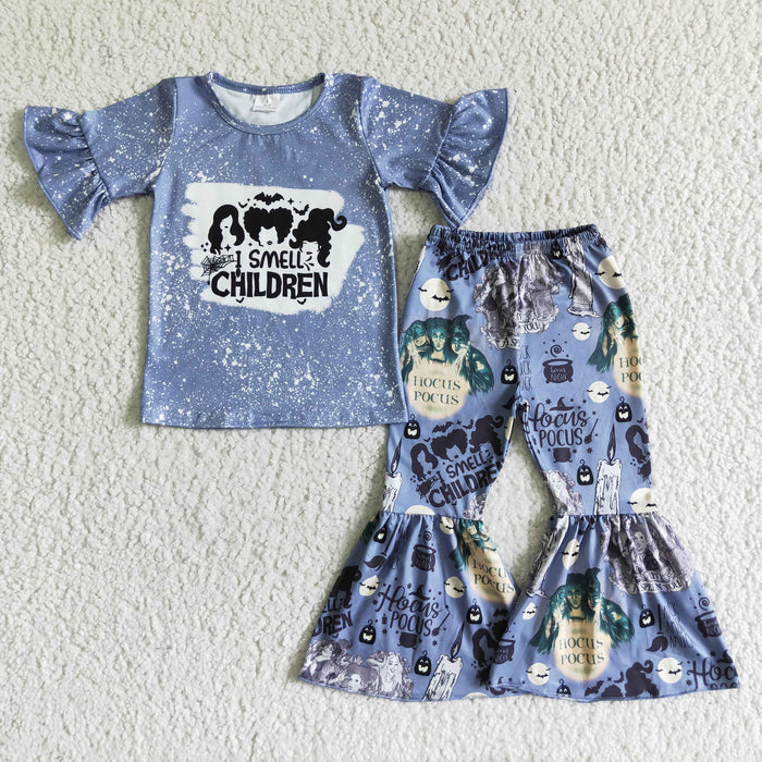 GSPO0121 Witch Ruffle Top Bell Pants Girls Halloween Clothes Set