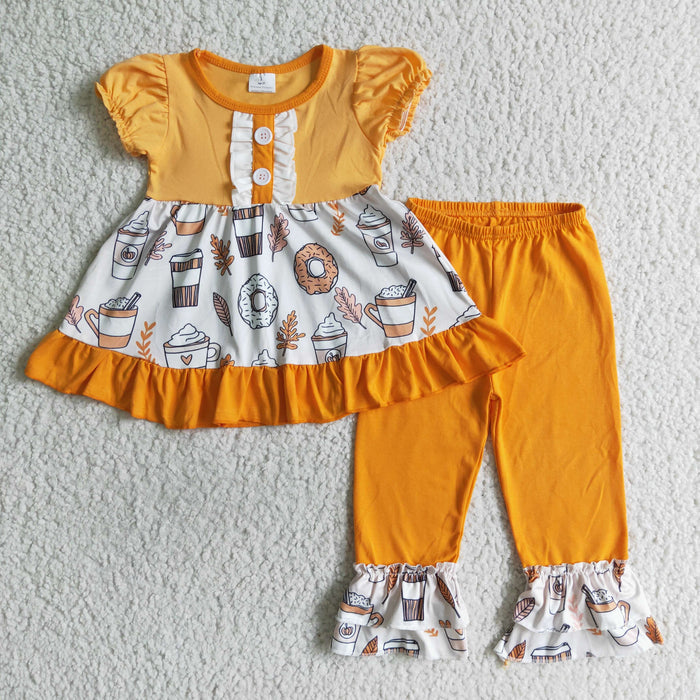 GSPO0123 Donut Coffee Pumpkin Tunic Top Orange Pants Girls Fall Clothes Set